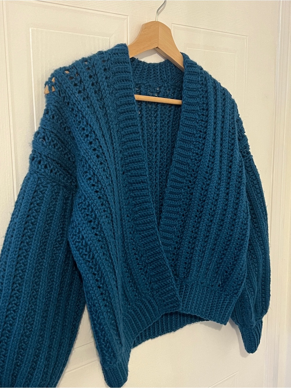 Chunky Teal Cable-Knit Women's Cardigan Sweater - Picture 5 of 6